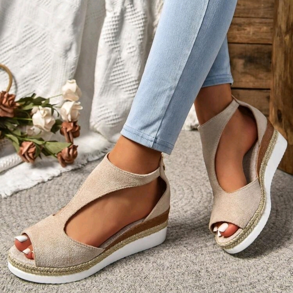 Roman Style Retro Fashionable Peep Toe Zipper Back Lightweight Wedge Platform - Picture 2 of 6